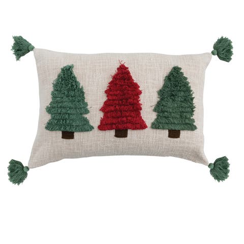 Slub Lumbar Pillow with Embroidered Fringe Trees & Tassels, Green & Red