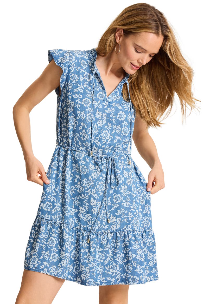 Bahia Blooms Floral Print Dress, Alternate, color, MEDIUM INDIGO WASH