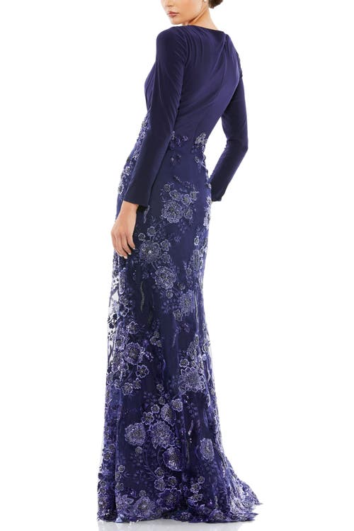 Mac Duggal Embellished Long Sleeve Wrap Over Trumpet Gown In Midnight