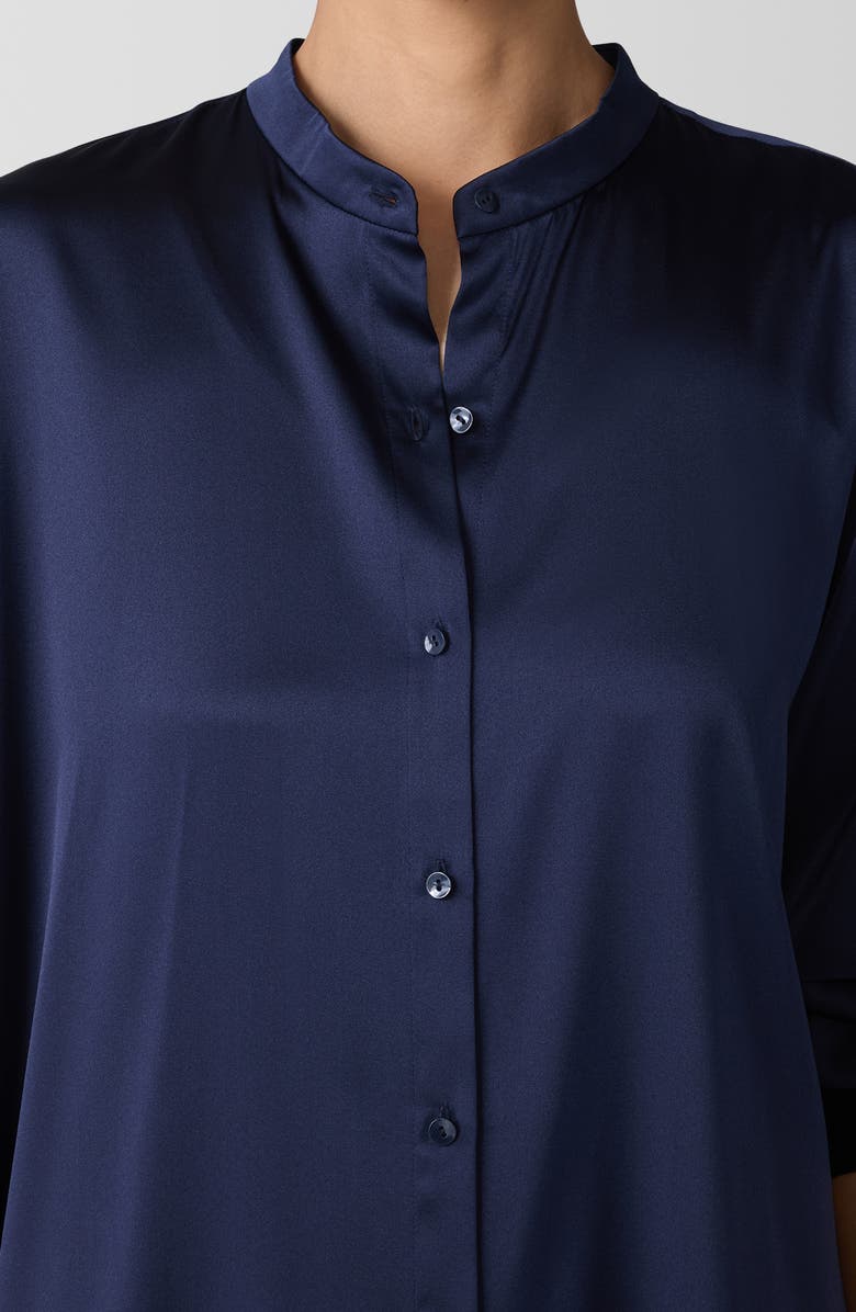 Eileen Fisher Band Collar Longline Stretch Silk Button-Up Shirt, Alternate, color, 