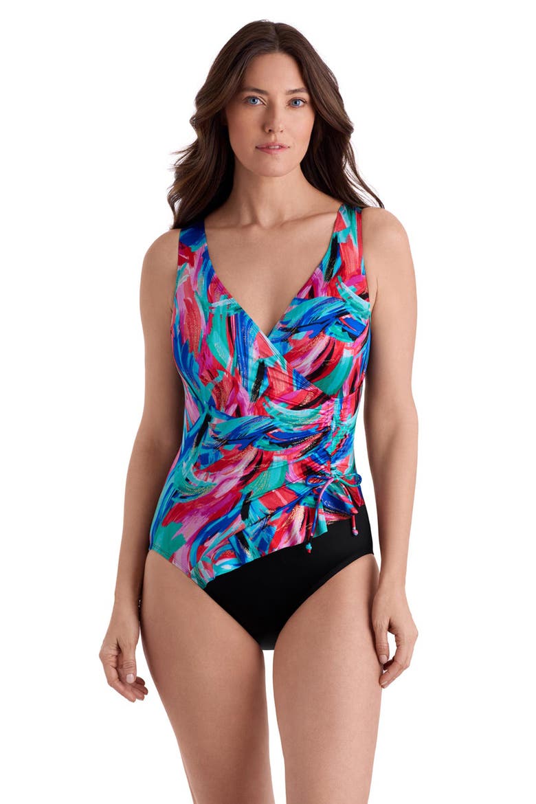 Ruffle Surplice Long Torso One-Piece Swimsuit, Main, color, Carnival Dance