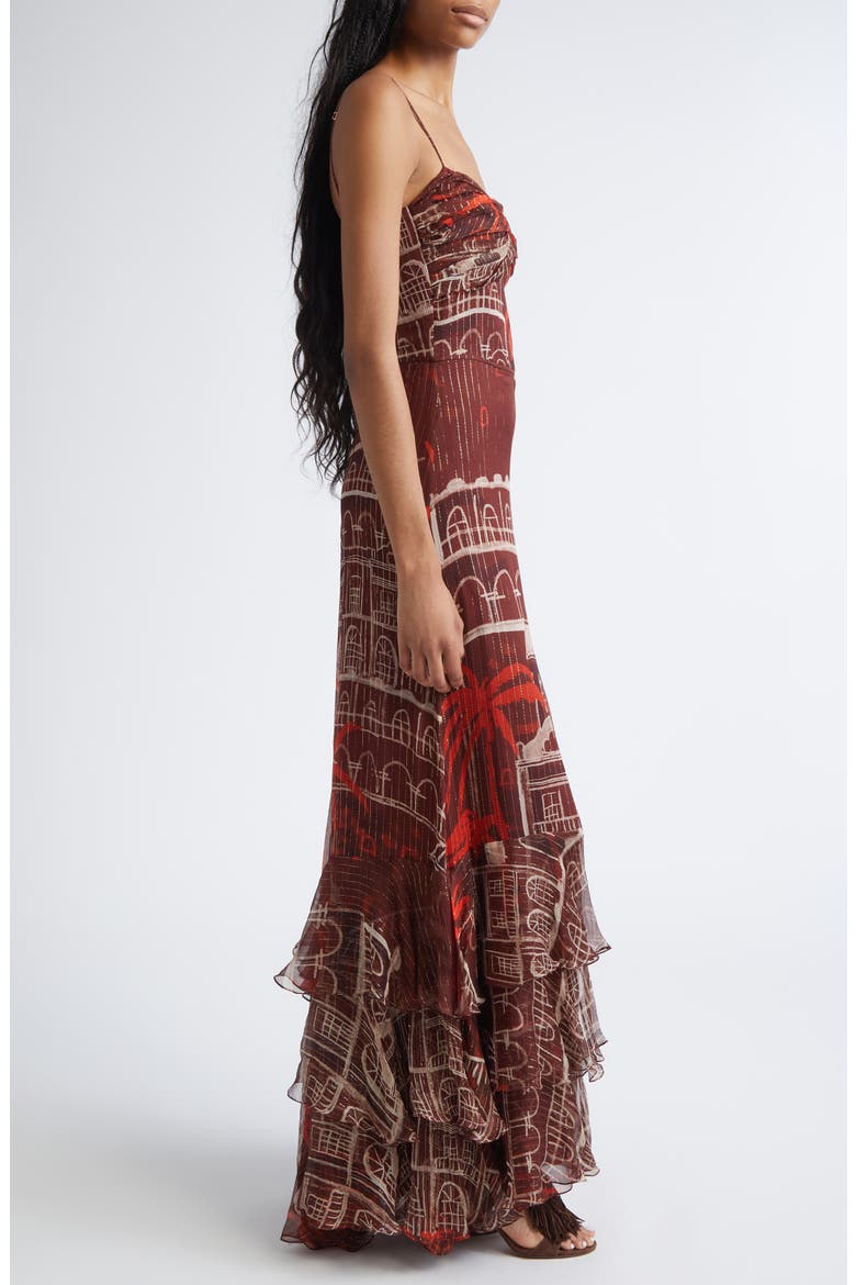 Pasos Nocturnos Print Tiered Metallic Crepe Maxi Dress, Alternate, color, WINE / RED