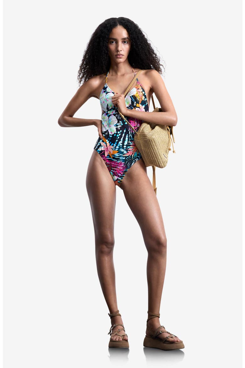 Floral Halter One-Piece Swimsuit, Alternate, color, BLACK