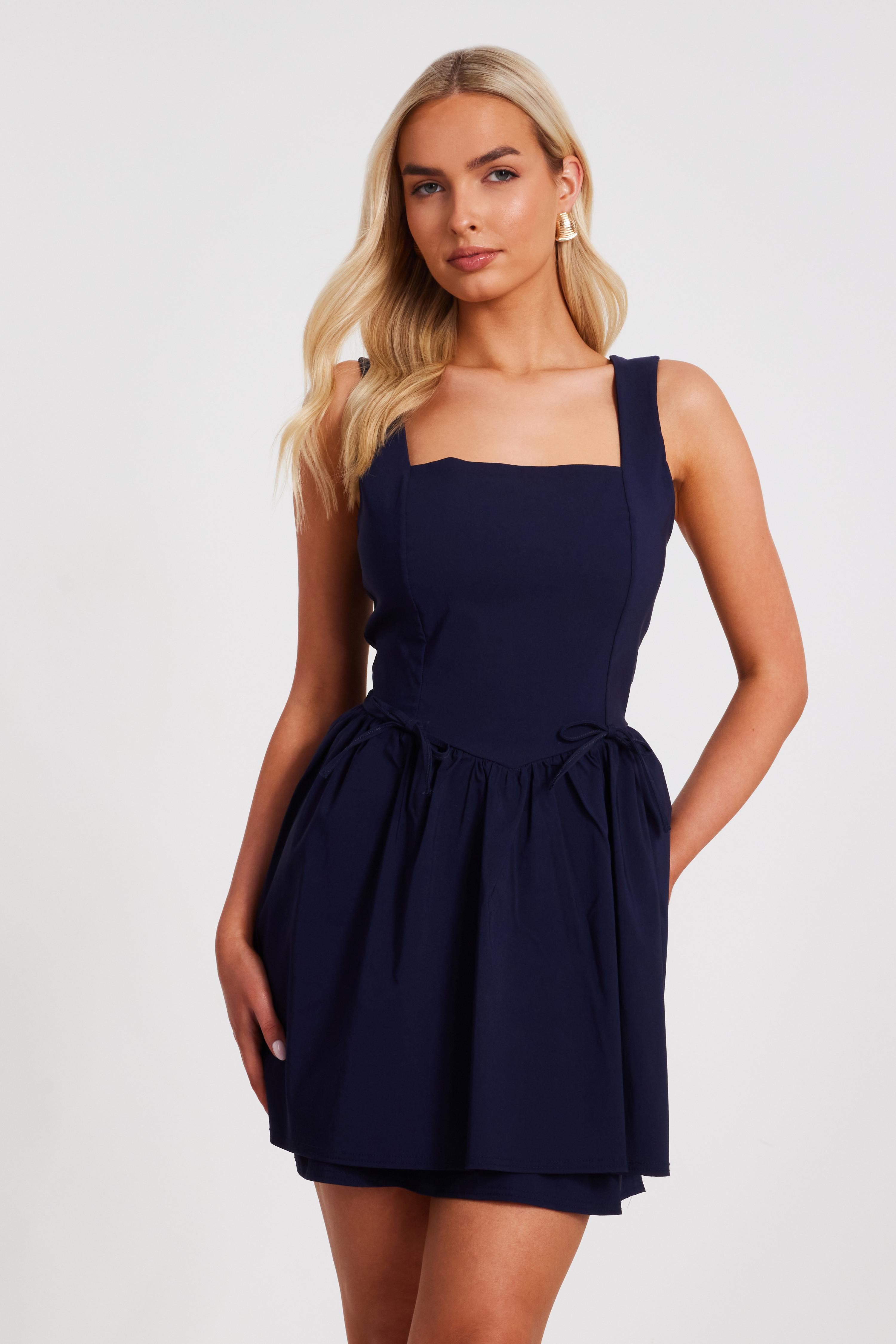 QUIZ Bengaline Double Layer Mini Dress in Navy 