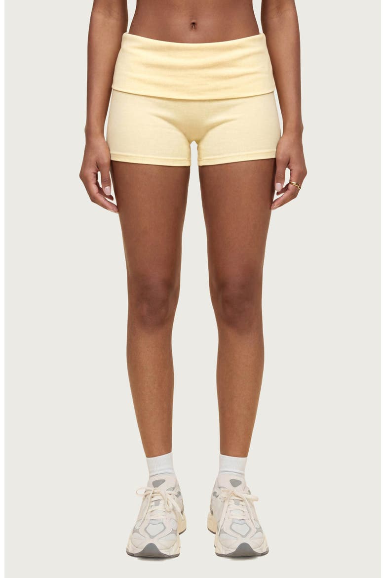 Audrea Foldover Stretch Cotton Bike Shorts, Main, color, YELLOW