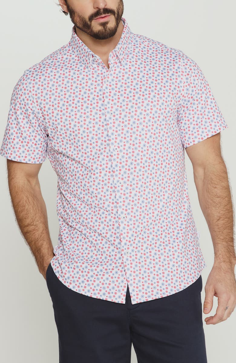 7 Diamonds Sundrift Starburst Print Short Sleeve Button-Up Shirt, Main, color, White
