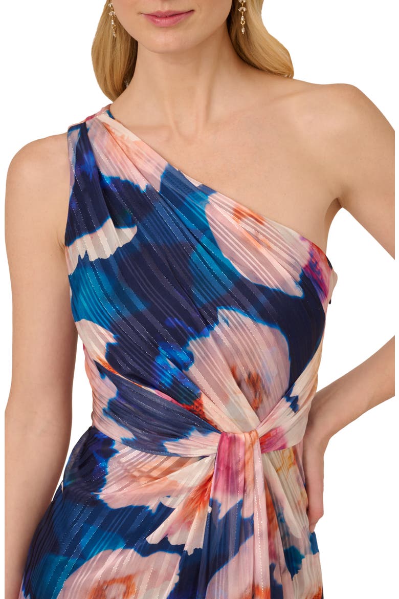Pleated Floral One-Shoulder Chiffon Gown, Alternate, color, NAVY/BLUSH