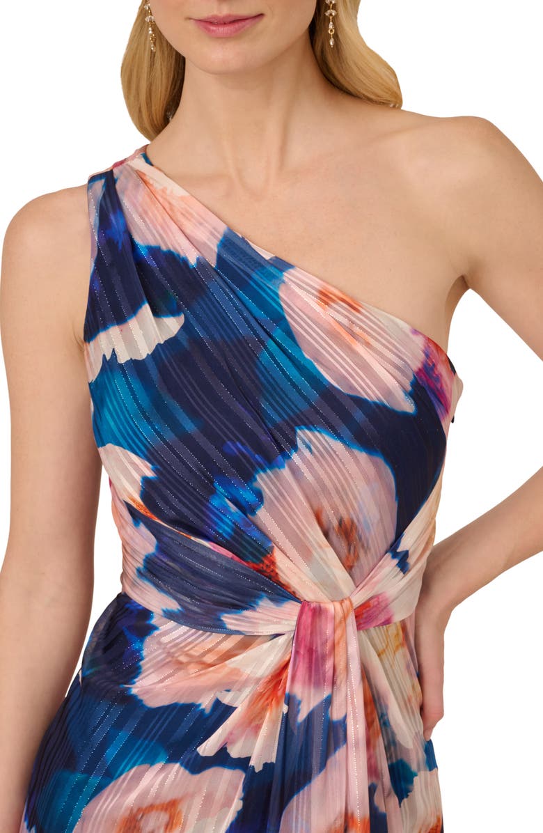 Adrianna Papell Pleated Floral One-Shoulder Chiffon Gown, Alternate, color, Navy/Blush