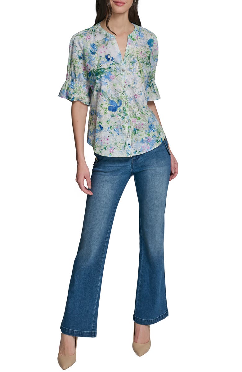 KARL LAGERFELD PARIS Print Puff Sleeve Top, Alternate, color, Sky Blue Multi