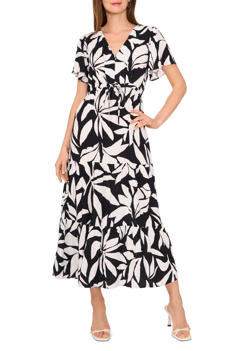 Print Flutter Sleeve Maxi Dress, Main, color, RICH BLACK
