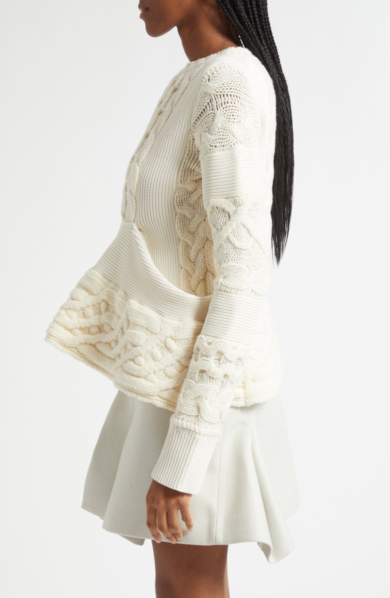 Sacai Cable Knit Peplum Sweater, Alternate, color, Off White