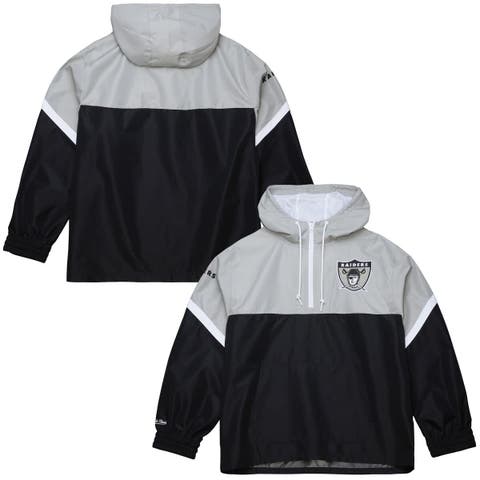 Men's Mitchell & Ness Silver/Black Oakland Raiders Tie Breaker Vintage Logo Lightweight Anorak Half-Zip Windbreaker