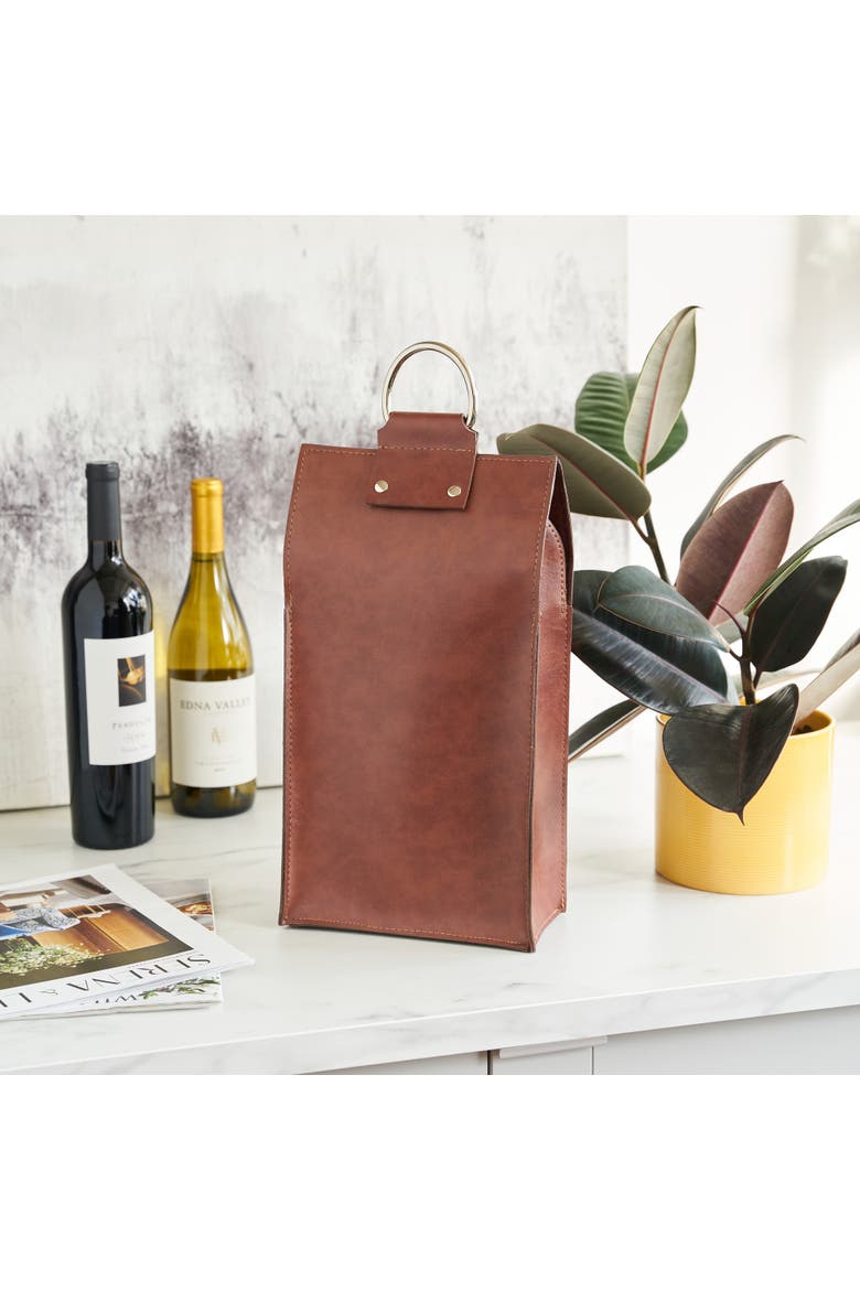 Brown Double-Bottle Wine Tote in Faux Leather, Alternate, color, Brown