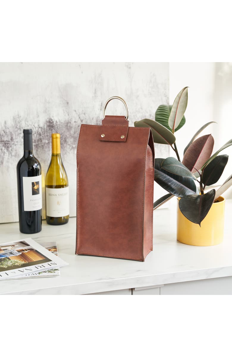 Viski Brown Double-Bottle Wine Tote in Faux Leather, Alternate, color, Brown