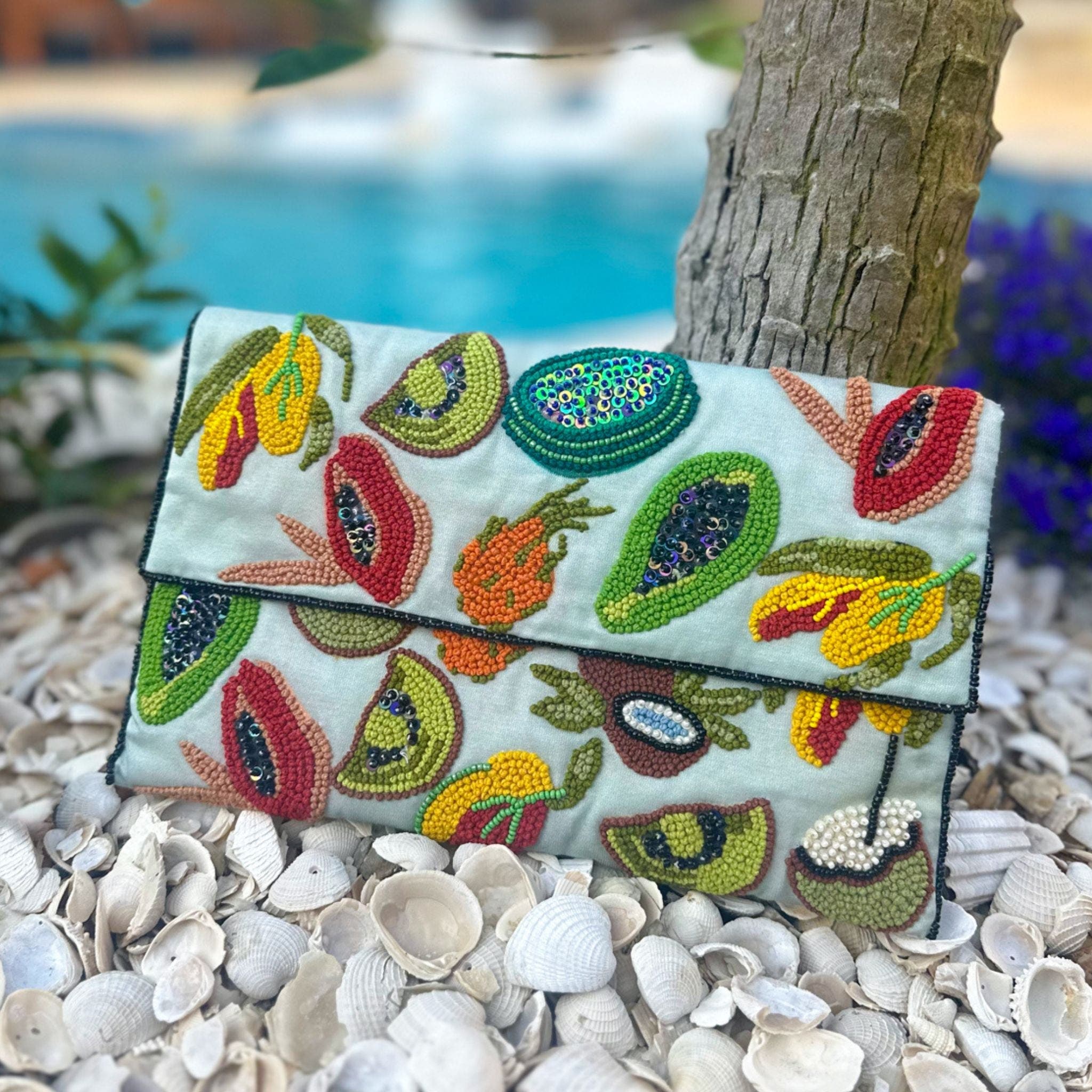 Vismaya Fruit Embroidered Clutch, Main, color, Green