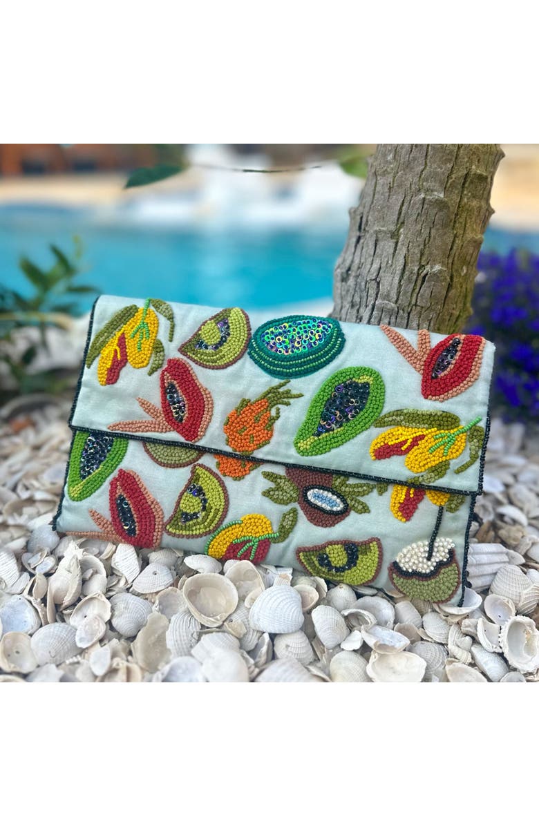 Vismaya Fruit Embroidered Clutch, Main, color, Green