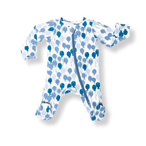 Norani Balloons Print Organic Cotton Footie In Blue Balloons