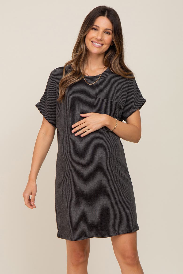 Ribbed Front Pocket Dolman Short Sleeve Dress, Alternate, color, Charcoal Grey