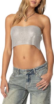 EDIKTED Chainmail Open Back Strapless Crop Top