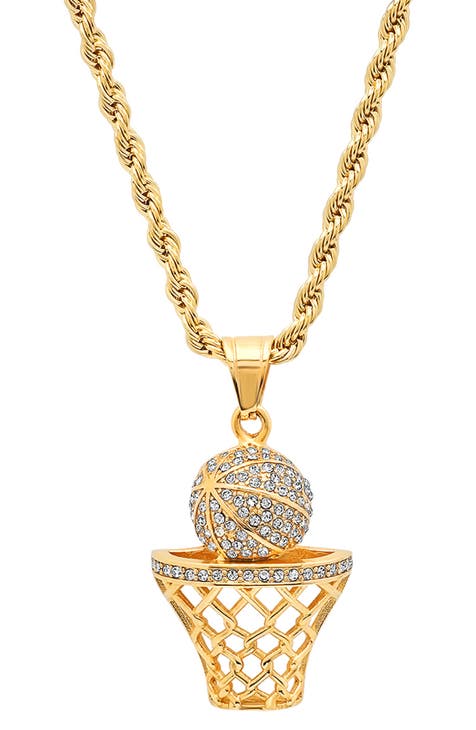 Men's 18K Gold Plated Stainless Steel Basketball Pendant Necklace