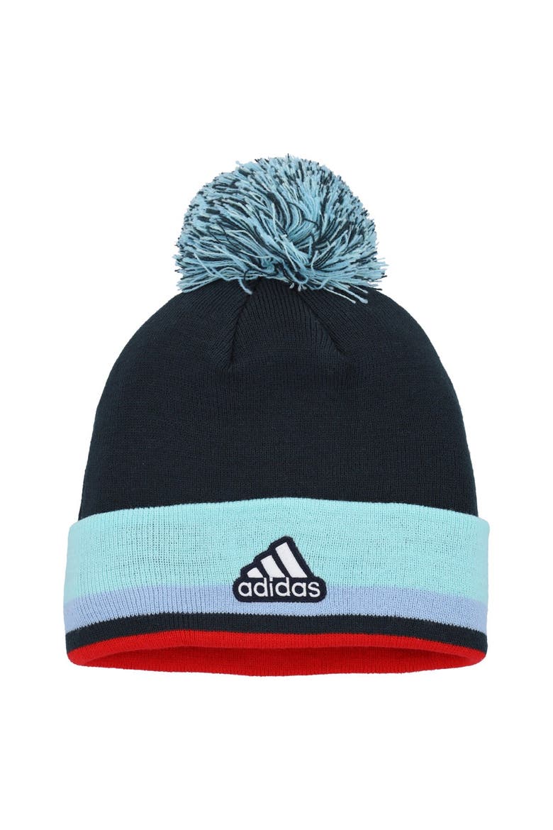 Men's adidas Deep Sea Blue Seattle Kraken Team Stripe Cuffed Knit Hat with Pom, Alternate, color, Navy