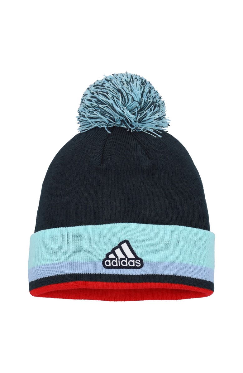 adidas Men's adidas Deep Sea Blue Seattle Kraken Team Stripe Cuffed Knit Hat with Pom, Alternate, color,