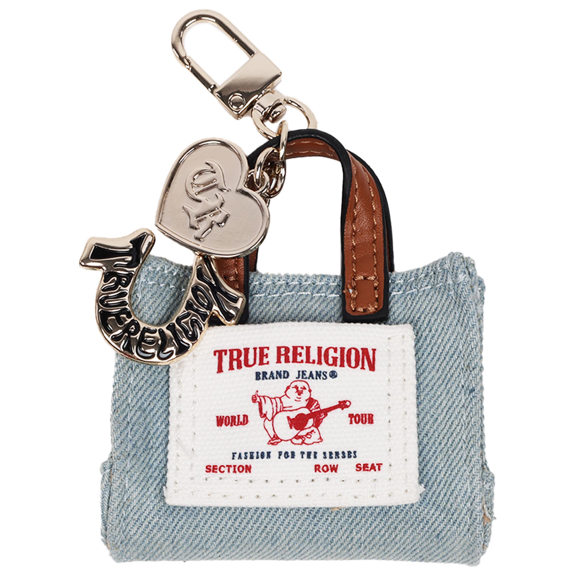 True Religion Buddha Mini Tote Bag Charm, Main, color, Denim