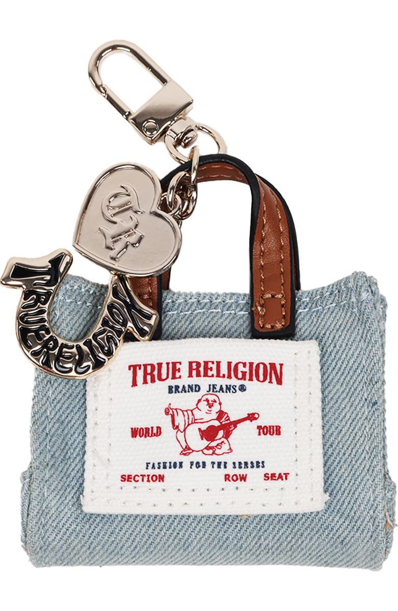 True Religion Buddha Mini Tote Bag Charm, Main, color, Denim