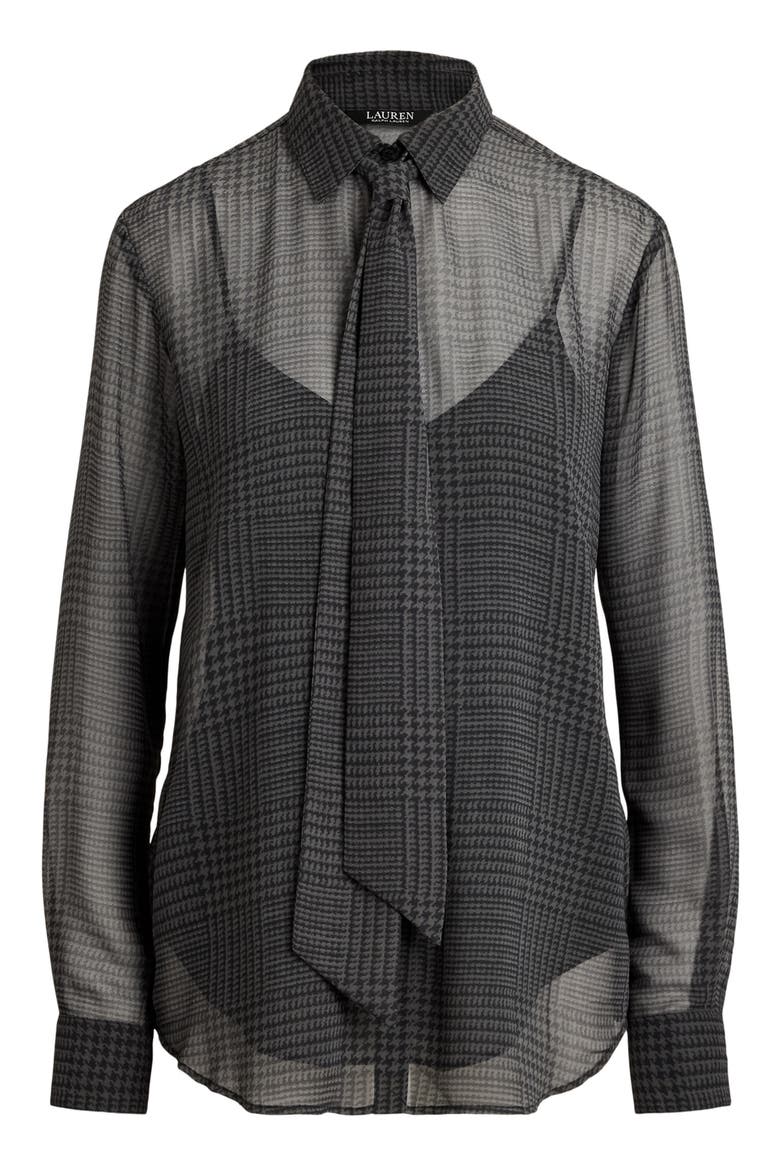 Tie Neck Glen Plaid Chiffon Shirt, Alternate, color, GREY