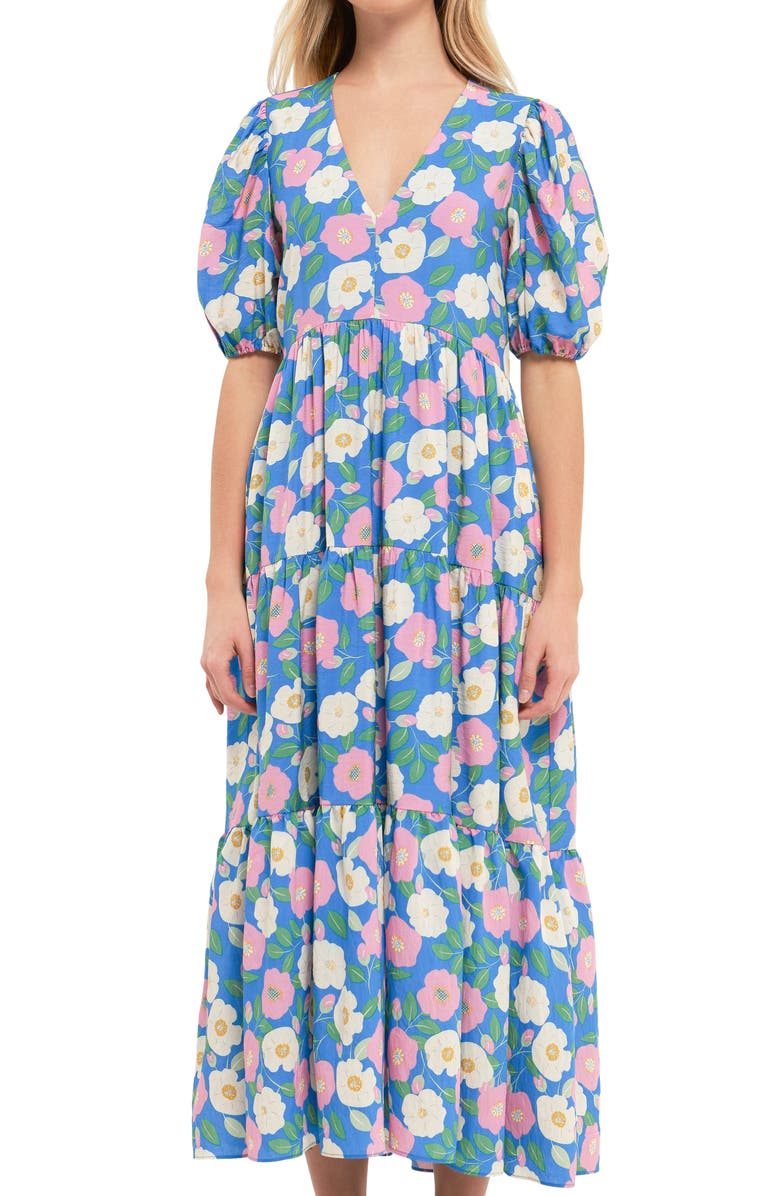 English Factory Floral Puff Sleeve Midi Dress, Alternate, color, 