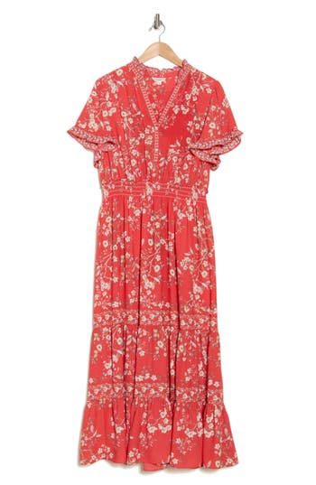 Max Studio Flutter Sleeve Tiered Maxi Dress In Baked Apple Crane Blossom