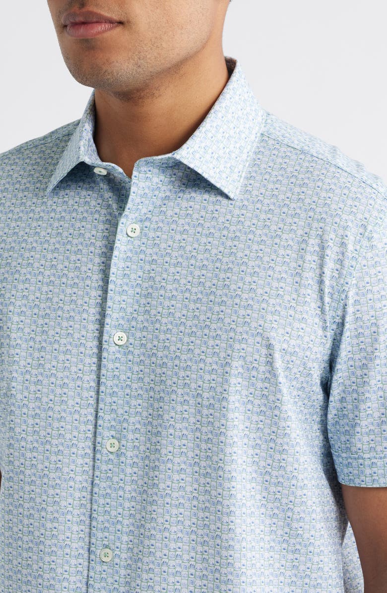 Bugatchi Miles OoohCotton<sup>®</sup> Geo Print Short Sleeve Button-Up Shirt, Alternate, color, Mint