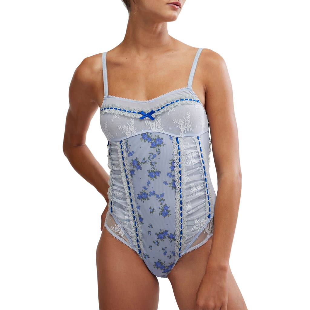 Shop Free People Sara Floral Print Lace Corset Bodysuit In Blue Combo