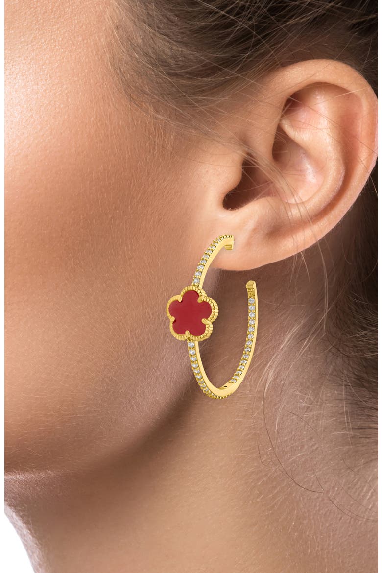 Faux Coral Clover Cubic Zirconia Pavé Hoop Earrings, Alternate, color, RED/ GOLD