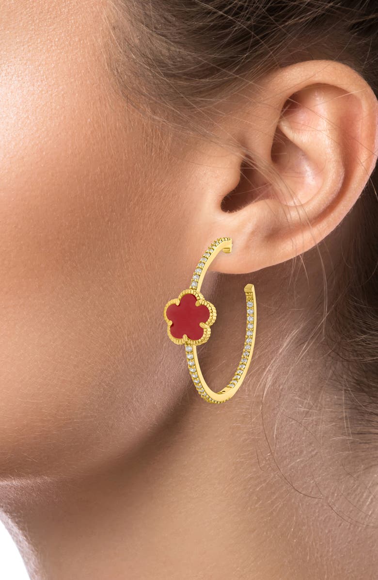 CZ by Kenneth Jay Lane Faux Coral Clover Cubic Zirconia Pavé Hoop Earrings, Alternate, color, Red/ Gold