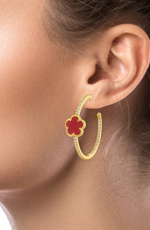 Cz By Kenneth Jay Lane Faux Coral Clover Cubic Zirconia Pavé Hoop Earrings In Gold