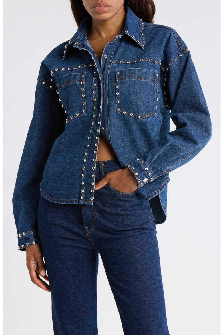 Studded Denim Shacket, Main, color, DARK WASH