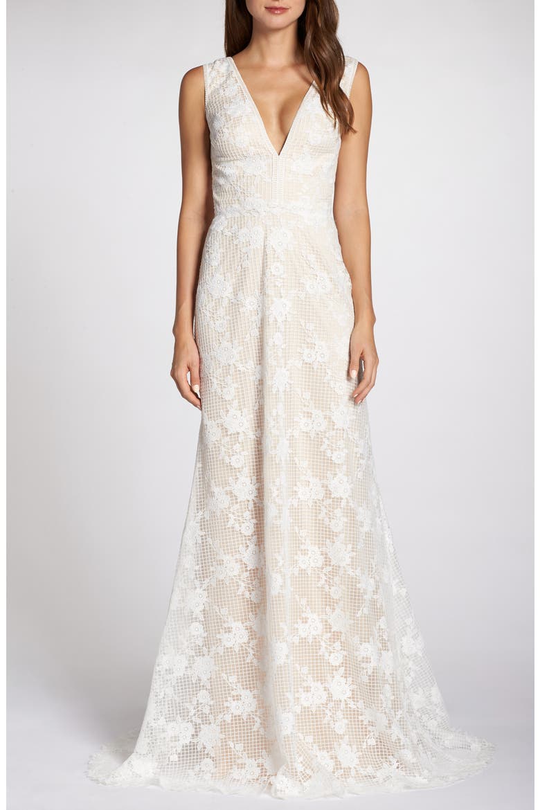 Grid & Floral Lace A-Line Wedding Dress, Main, color, IVORY/ PETAL