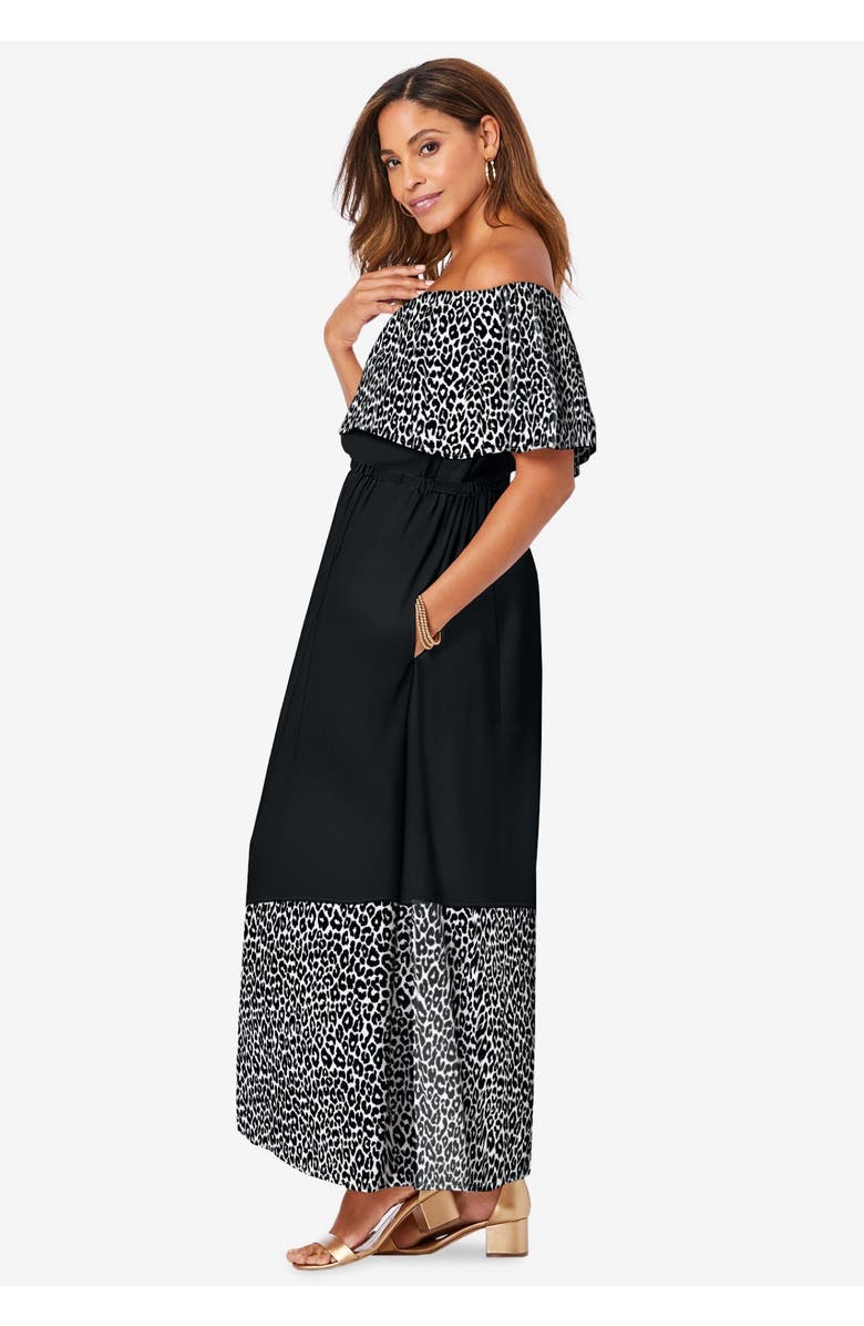 Jessica London Off-The-Shoulder Maxi Dress, Alternate, color, Black White Cheetah