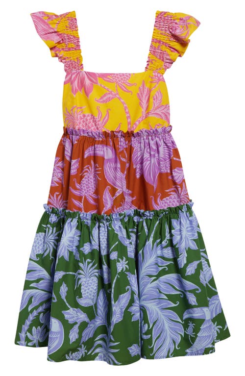 Farm Rio Multicolor Dress With All-over Floral Motif And Ruffled Skirt In Yellow Multi
