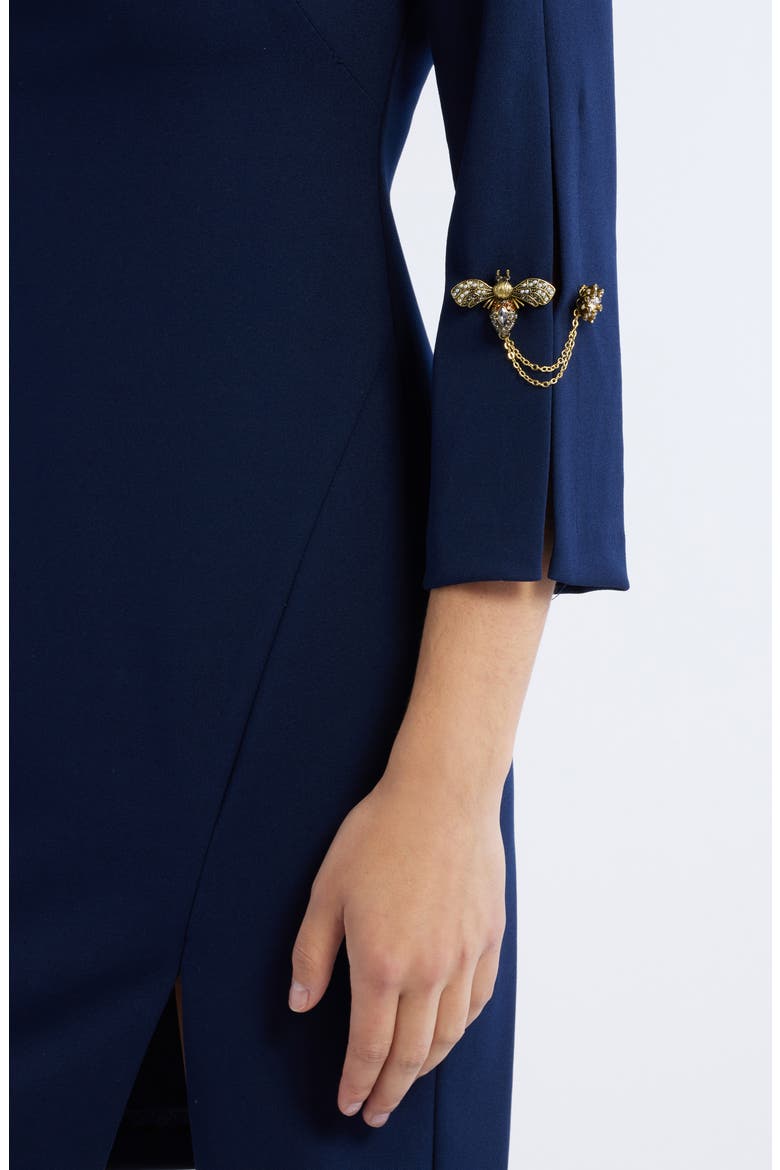 Brooch Detail Long Sleeve Crepe Shift Dress, Alternate, color, NAVY
