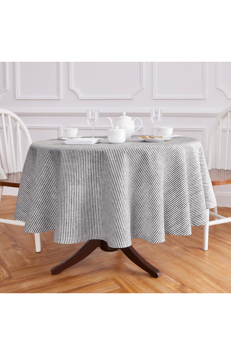 Solino Home Linen Round Tablecloth - Narrow Stripe, Alternate, color, Black And White