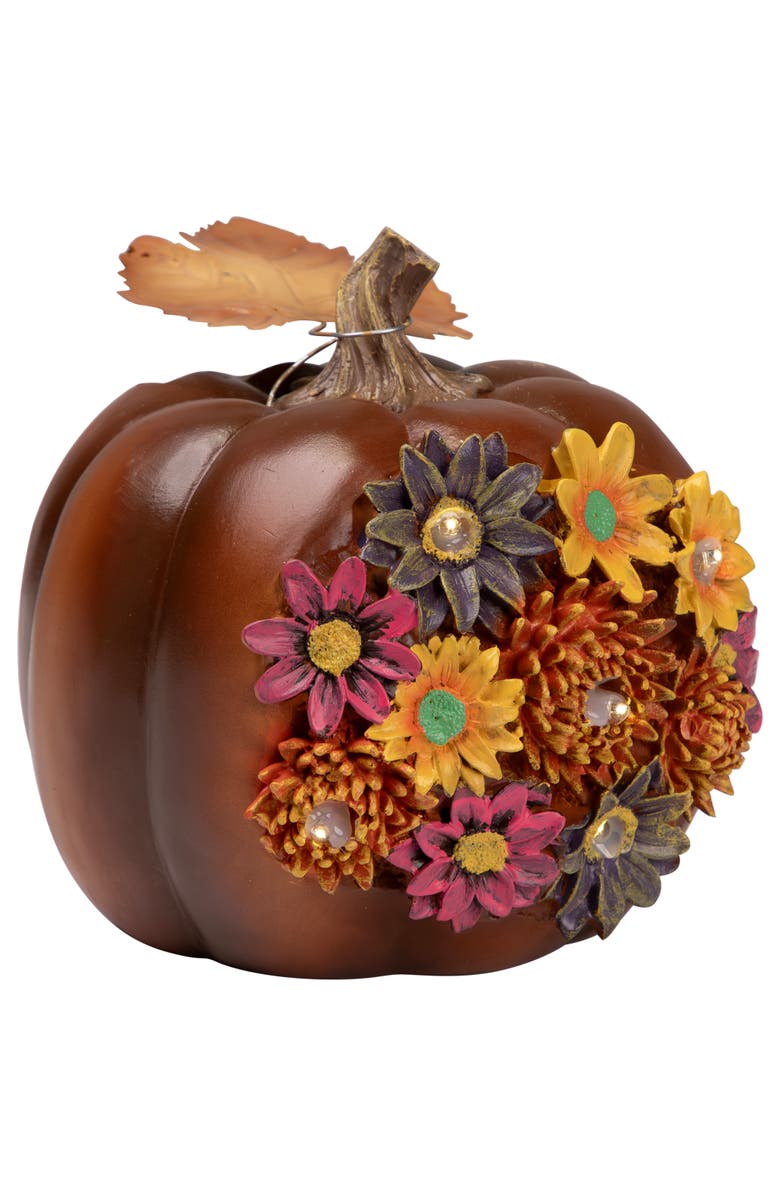 Northlight Solar Powered Floral Pumpkin Outdoor Fall Harvest Decoration - 7.25", Alternate, color, Brown