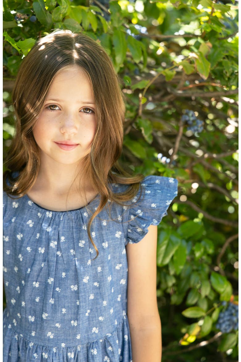 Kids' Organic Ruffle Sleeve Smocked Waist Chambray Dress, Alternate, color, Chambray Floral