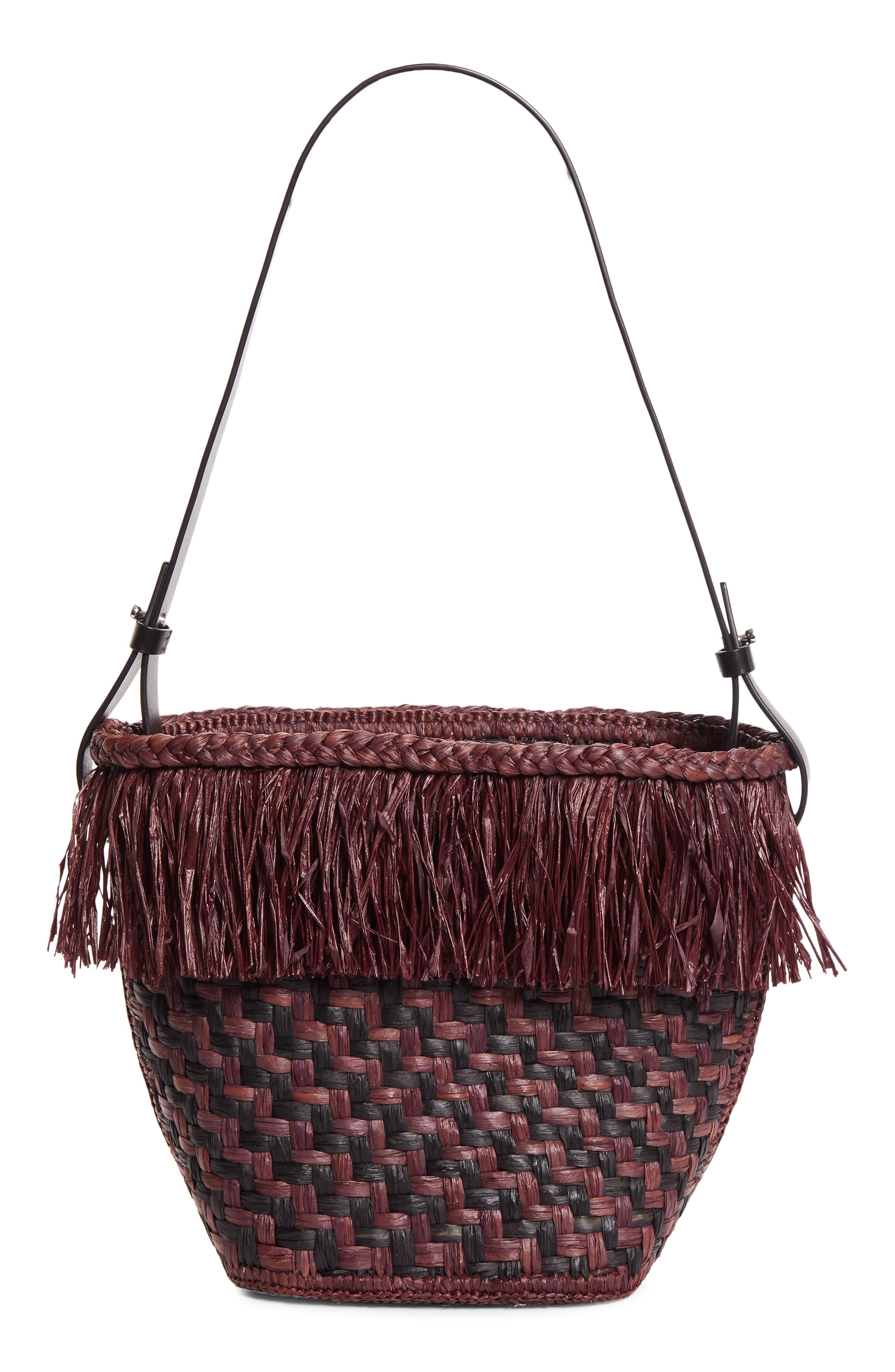 Woven Raffia Bucket Bag, Main, color, PLUM