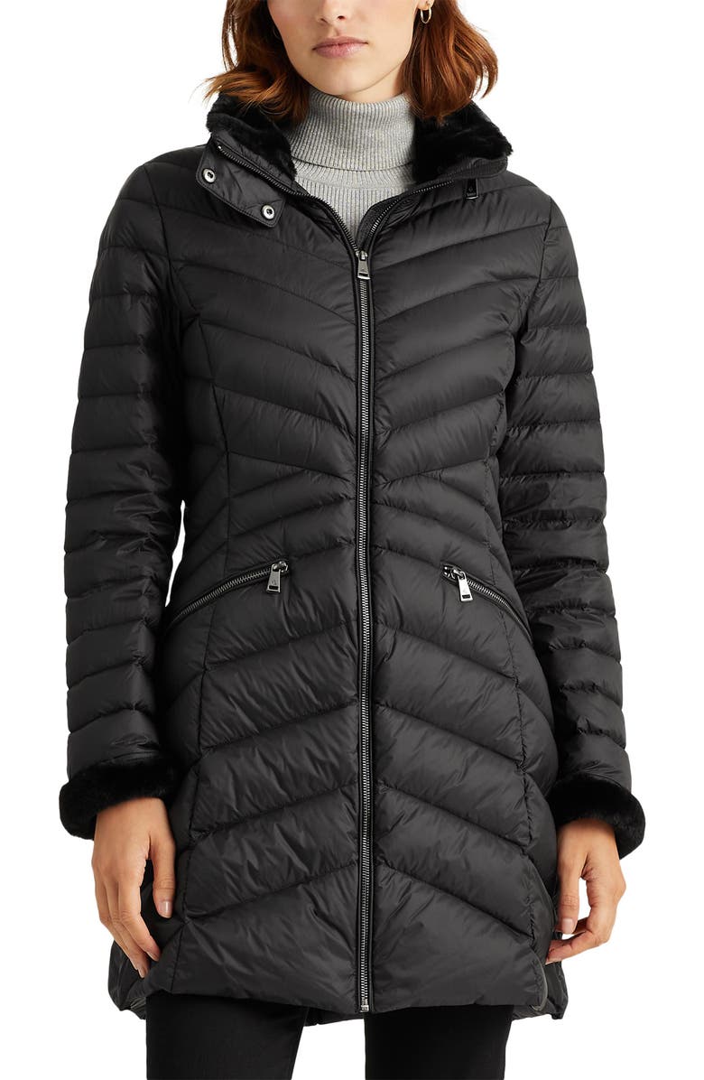 Lauren Ralph Lauren Chevron 650 Fill Power Down Coat with Faux Fur Trim, Main, color,