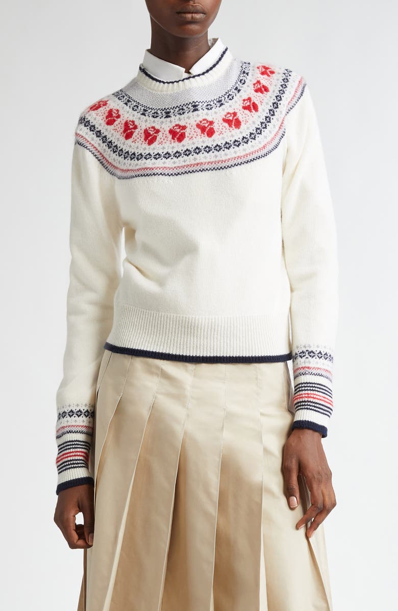 Thom Browne Rose Fair Isle Wool & Mohair Blend Crewneck Sweater, Main, color, White