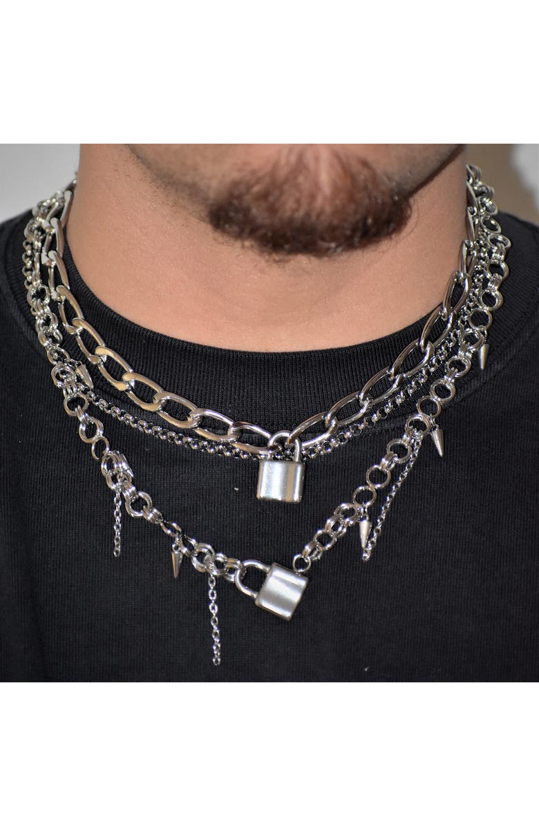REBL Lock and Spikes Layered Chain Necklace, Alternate, color,
