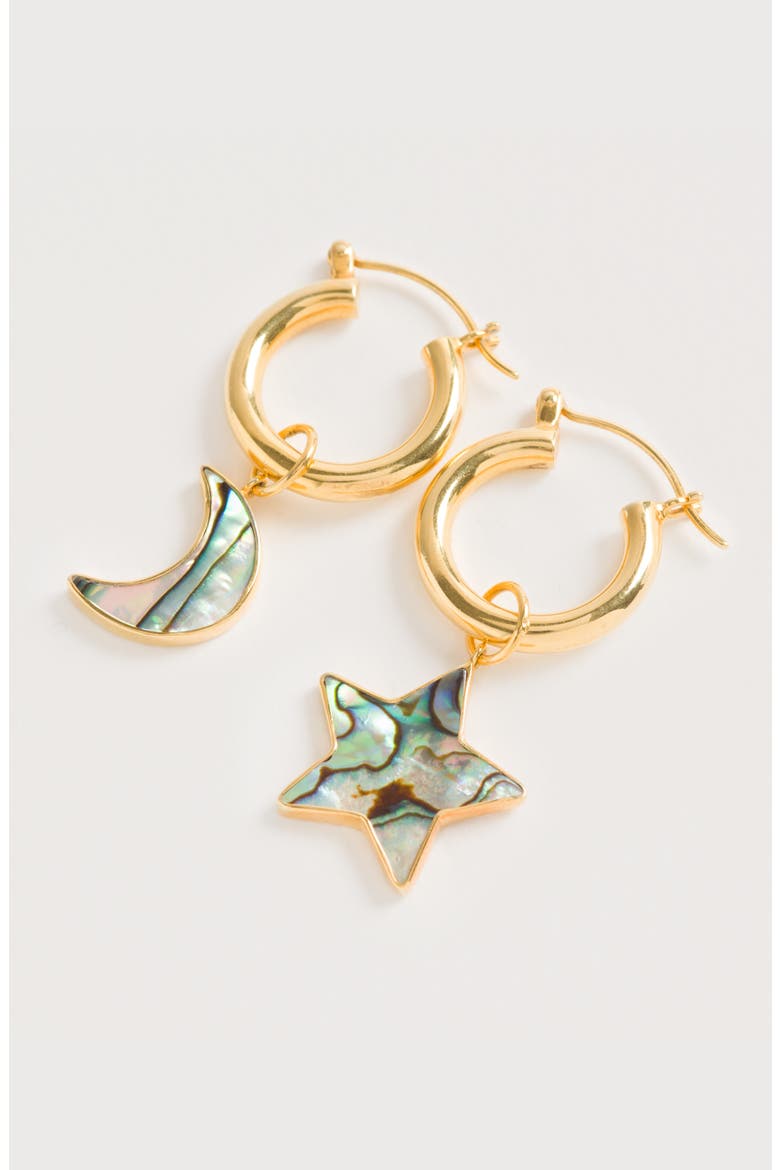 Mini Hoops with Paua Star and Moon, Alternate, color, Gold