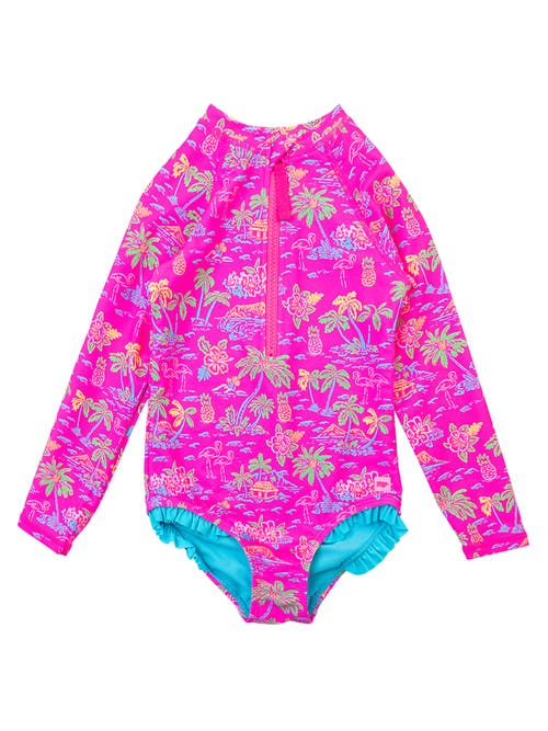 Shop Rufflebutts Girls Upf50+ Sun Protection Long Sleeve Rash Guard One Piece In Neon Island Time